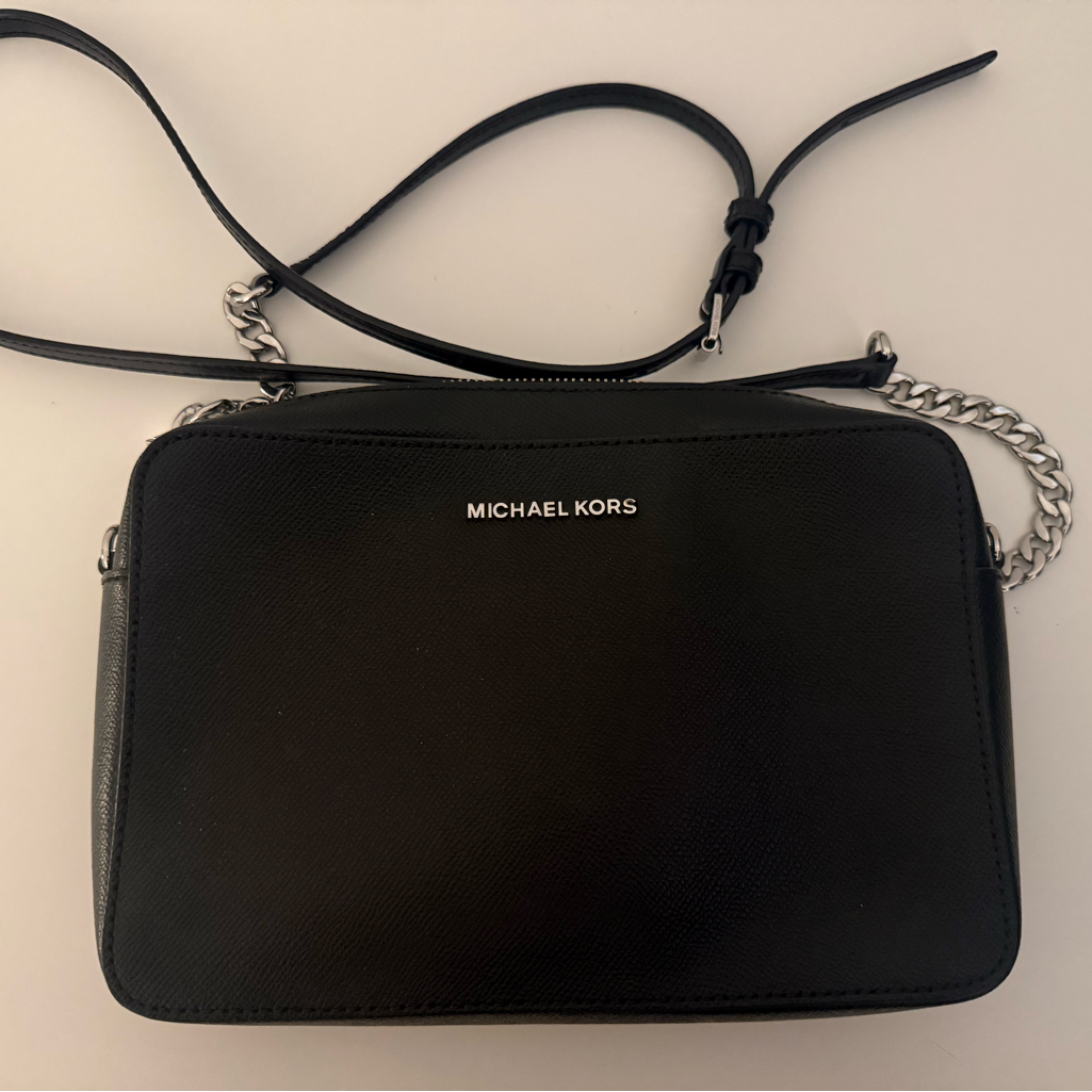 Michael Kors Black Leather Crossbody Messenger With Chain Detail